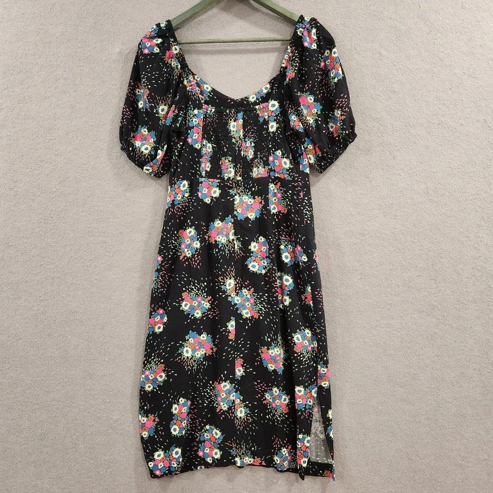 Anthropologie Floral Puff Sleeve Smocked Back Midi Dress Black Multicolor Size 4